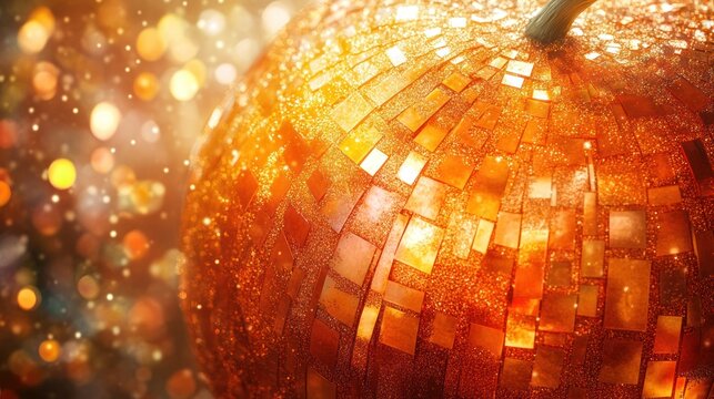 Glittery orange pumpkin, autumn bokeh, festive decoration, holiday card