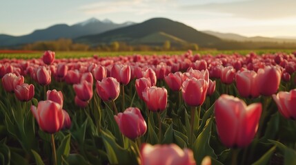 Vibrant Tulip Field in Full Bloom: A Colorful Spring Landscape
