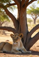 Lion cub taking its first nap under the shade of an Acacia tree in the savanna , wildlife, nap