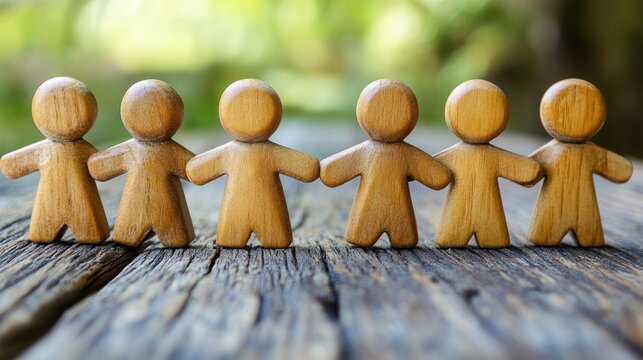 Wooden figures representing unity on a rustic table outdoors