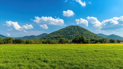 Fototapeta premium Lush green field, hill landscape, sunny day, cloud, travel
