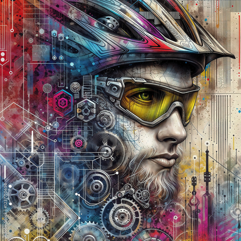Poster abstract composition with a portrait of a cyclist in gear against a technical sketch. generative ai
