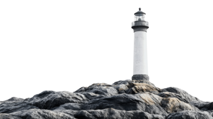 Majestic lighthouse standing on rocky cliffs with transparent background