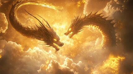 Clash of Titans: Two colossal dragons locked in a fiery confrontation against a backdrop of swirling clouds, their powerful forms radiating intense energy and illuminating the sky.  