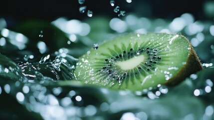 Fresh kiwi splashing in water, dark background, healthy food advert