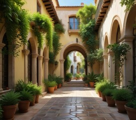 Fototapeta premium Lush greenery and arched windows in a traditional Spanish courtyard, exterior, architecture, landscape