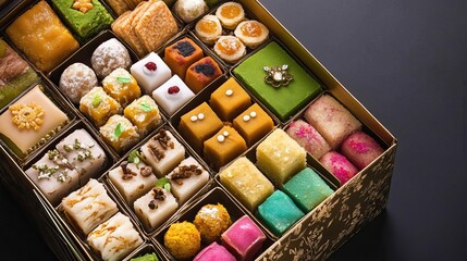 a box of beautifully arranged and appetizing chocolate pralines. These chocolates have various interesting shapes, colors and decorations.