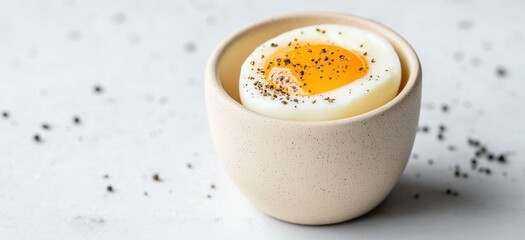 A soft-boiled egg in a simple bowl, topped with black pepper, on a light surface, showcasing a minimalistic and appetizing presentation.