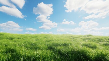 Sunny day, green grass field, gentle breeze, blue sky, idyllic landscape, nature background, website banner
