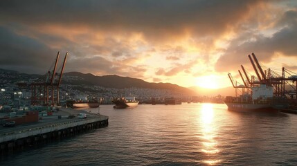 Fototapeta premium A beautiful sunset over a port with ships and cranes silhouetted against the sky.