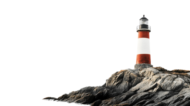 Red and white lighthouse standing on rocky coast with transparent background - Powered by Adobe