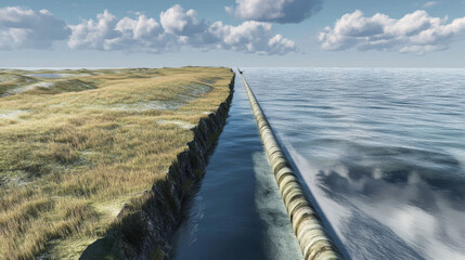 Fototapeta premium 3D Render of Nord Stream 2 gas pipeline emerging on map of Europe connecting Russia and Germany through Baltic Sea