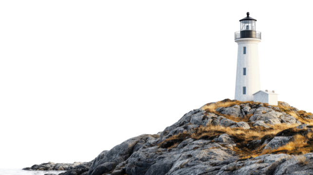 Lighthouse on rugged rocks against a transparent backdrop