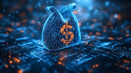 A digital blue moneybag with a dollar  symbol
