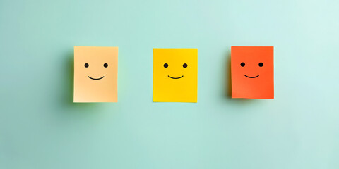 Obraz premium feedback survey response for statistics concept. Three colorful sticky notes with smiley faces on a mint green background.
