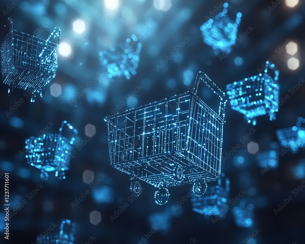 Poster Ecommerce concept with a bluetosilver gradient background, pixelated shopping cart motifs floating in a digital space, modern, futuristic design, ultrarealistic render
