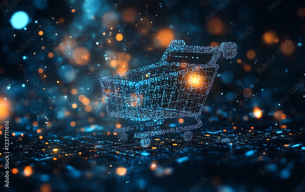 Poster Ecommerce concept with pixelated shopping cart icons against a bluetosilver gradient background, digital transactional atmosphere, ultraHD quality
