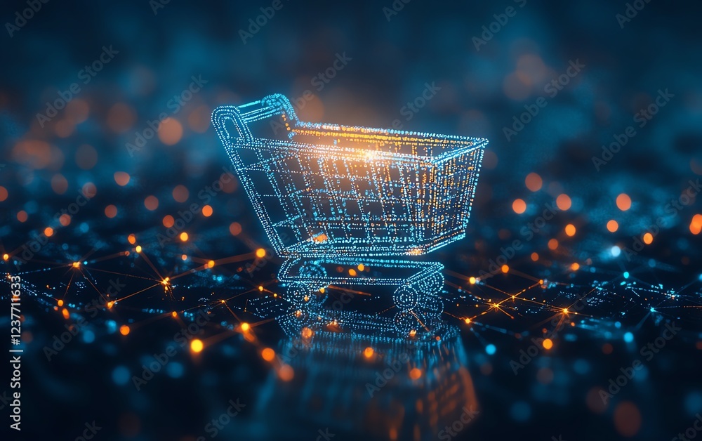 Poster Ecommerce concept with pixelated shopping cart icons against a bluetosilver gradient background, digital transactional atmosphere, ultraHD quality