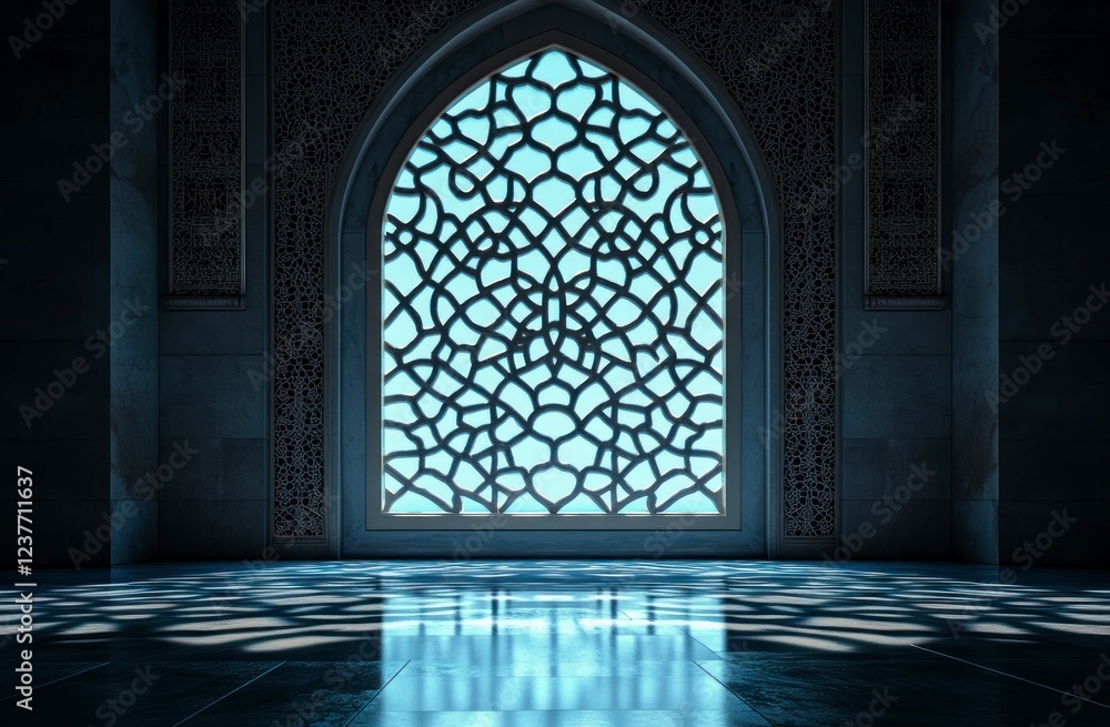 Poster a cinematic still of an arabic window with geometric patterns glowing in blue light, set against a d