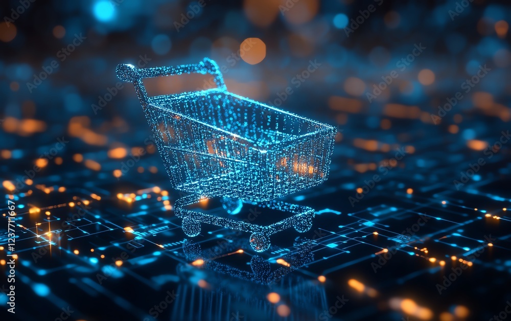 Poster ecommerce digital illustration, blue to silver gradient background with pixelated shopping cart icon