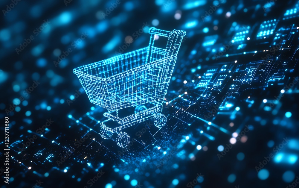 Poster ecommerce digital illustration, blue to silver gradient background with pixelated shopping cart icon