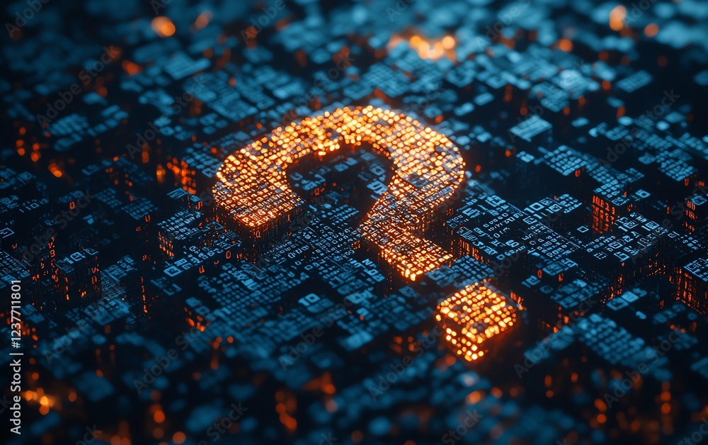 Poster a 3d digital question mark made of binary code, symbolizing ai in question answering systems, futuri