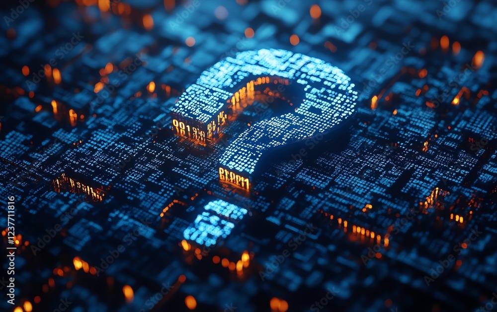 Aufkleber A 3D digital question mark made of binary code, symbolizing AI in question answering systems, futuristic tech design, highdefinition 8K render