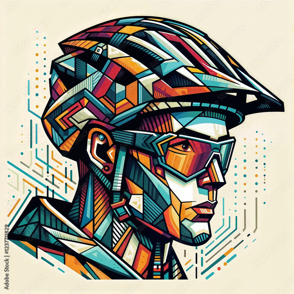 Poster abstract composition with a portrait of a cyclist in gear with abstract lines and graphics. generati