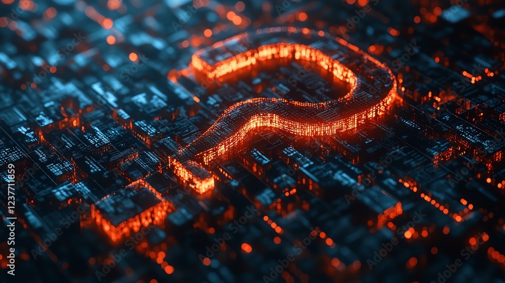 Poster a 3d question mark formed from binary code, symbolizing aidriven question answering systems, advance