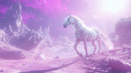 Crystal horse walking alien planet, purple nebula background, fantasy art