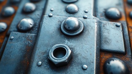 Close-up of Weathered Metallic Surface with Rivets and Bolts