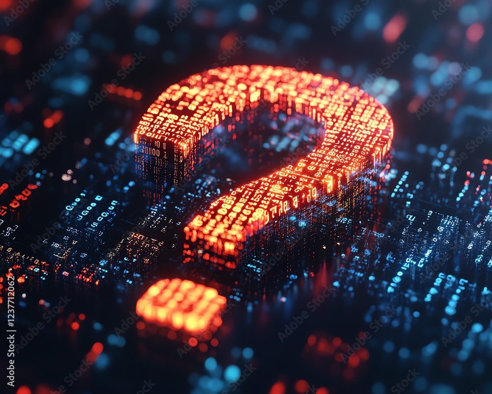 Aufkleber A digital 3D question mark composed of binary code