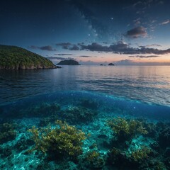 A dreamlike celestial panorama where islands of vegetation hover effortlessly, casting soft reflections on the luminous sapphire sea below.