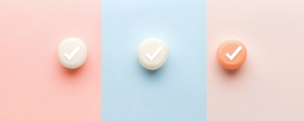 feedback survey response for statistics concept. Colorful checkmark buttons on pastel backgrounds for creative concepts.