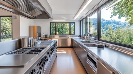 Modern stainless steel kitchen, mountain view, cooking prep