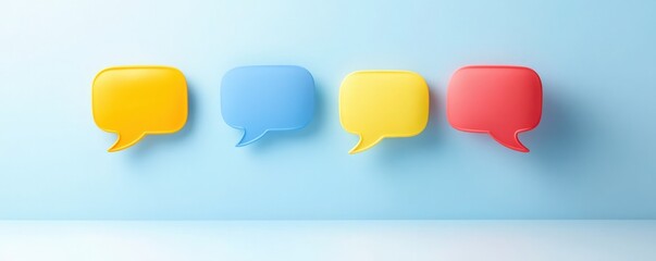 feedback survey response for statistics concept. Colorful speech bubbles on a light blue background.