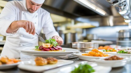 A chef skillfully garnishing a gourmet dish in a modern kitchen setting.