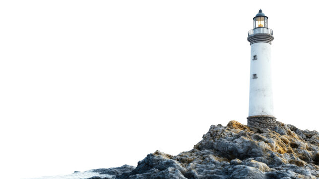 Majestic lighthouse standing on rocky shoreline