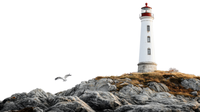 Lighthouse on rocky cliffs with a transparent background and clear sky