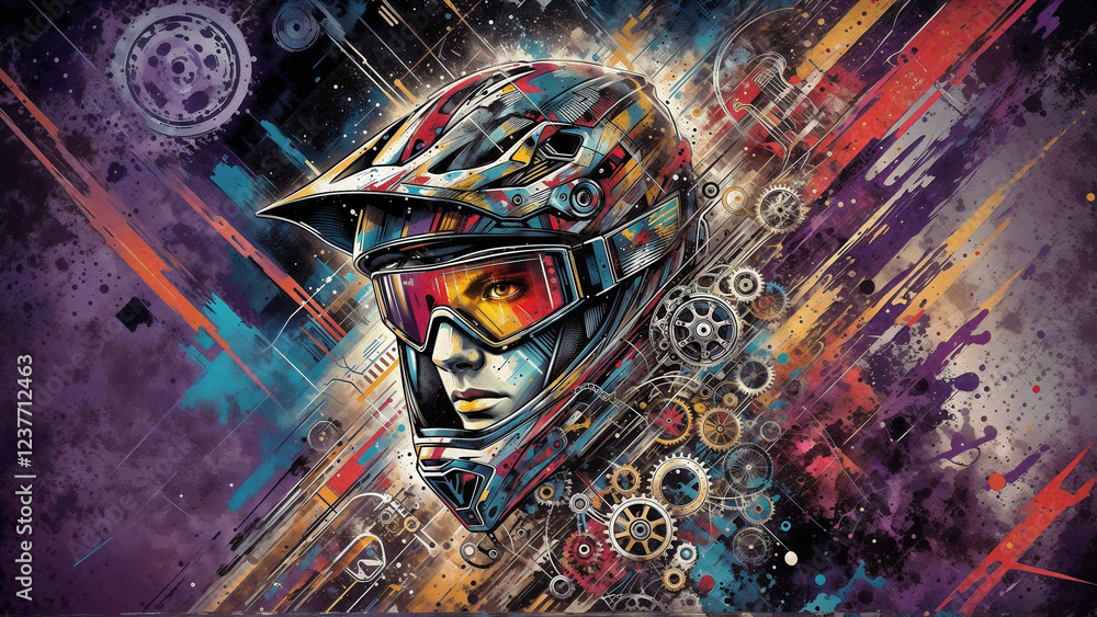 Poster abstract composition with a portrait of a cyclist in gear against a technical sketch. generative ai