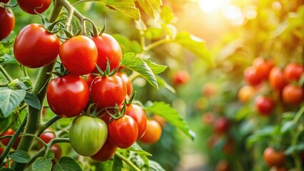Mature tomato plant with green leaves and red fruit in a sunny outdoor setting, vegetable garden design, natural beauty