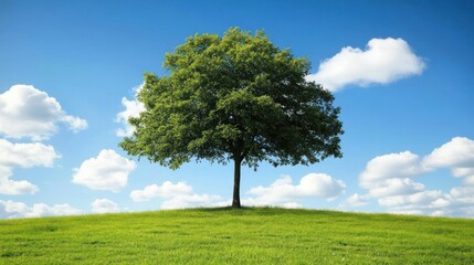 Obraz premium Lone tree on green hill, sunny sky, nature, environmental
