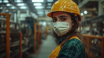 A factory worker wearing a yellow safety helmet and a dust mask while operating machinery, emphasizing workplace safety
