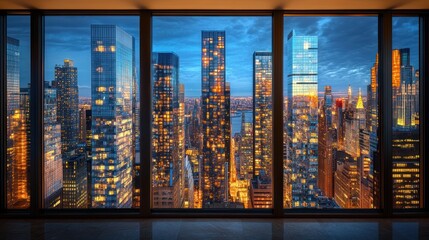 Cityscape twilight view from skyscraper window