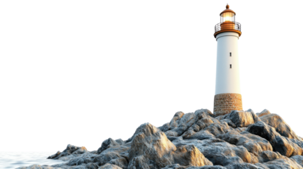 Lighthouse shining on rocky coast with transparent background