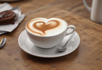 Obraz premium Milk foam heart in a cup of coffee on a table, table, beverage container