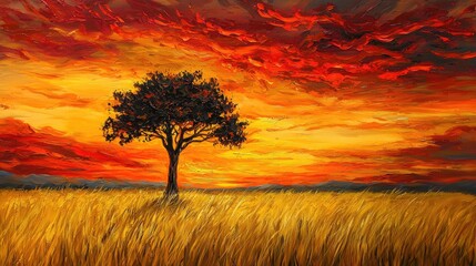 Fototapeta premium Majestic Solitary Tree Against Vibrant Sunset Over Golden Field
