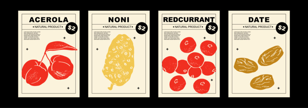 Acerola, noni, redcurrant, date. Set of posters of vegetables in a abstract draw design. Label or poster, price tag. Simple, flat design. Patterns and backgrounds. Perfect for poster, cover, banner.