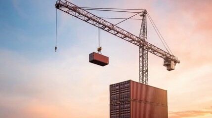 A crane lifting a shipping container at sunset, showcasing construction and logistics.