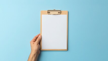 feedback survey response for statistics concept. Blank clipboard held against a blue background.